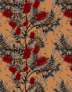 Bees in the Bottlebrush, Red Flowers on Tan