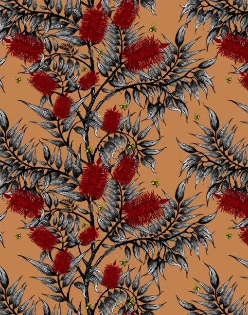 Bees in the Bottlebrush, Red Flowers on Tan