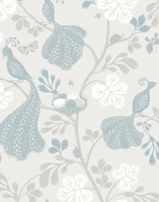 Night Birds Linen Fabric, Light Blue