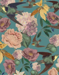 Swallows and Blooms, Teal