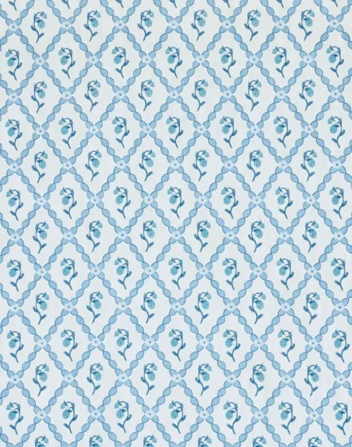 Wild Strawberry Trellis Fabric, China Blue